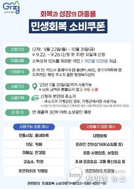 가평군, 2차 민생회복 소비쿠폰 22일부터 지급