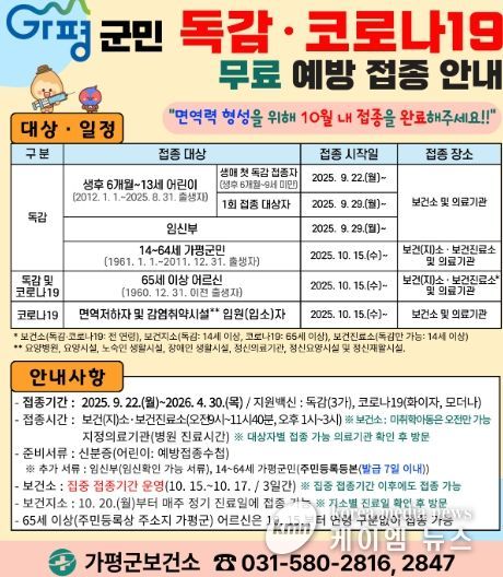가평군, “독감‧코로나19 무료 예방접종 받으세요”