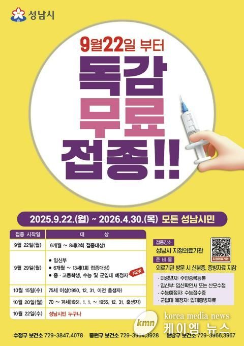 성남시, 모든 시민 독감백신 무료 접종 시행 안내 포스터