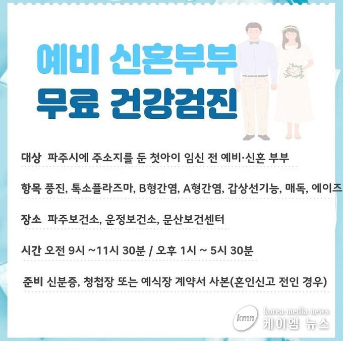 파주시, 예비 신혼부부 대상 임신 전 검사 7종 무료 제공