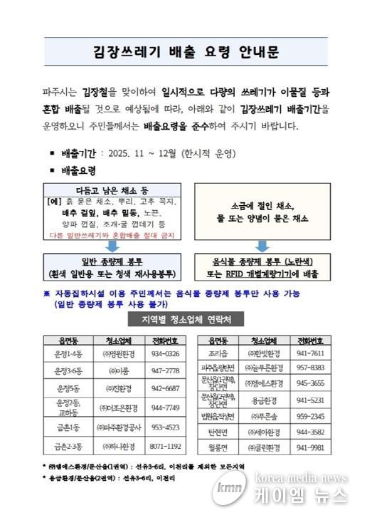 파주시, 동절기 김장 쓰레기 특별 수거 기간 운영