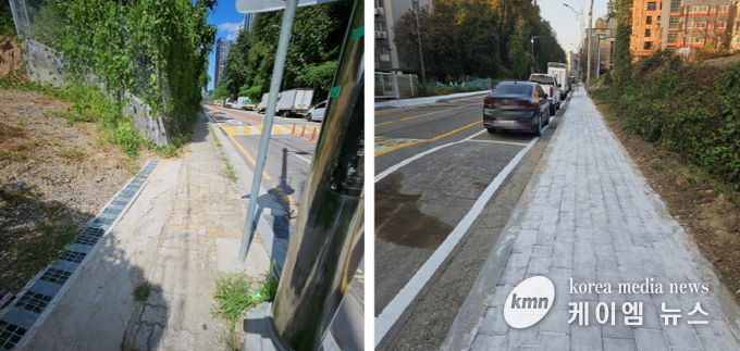 용인특례시 모현읍이 외대로 25번길 보행환경을 개선했다. 사진은 개선전(왼쪽)과 개선후(오른쪽) 모습