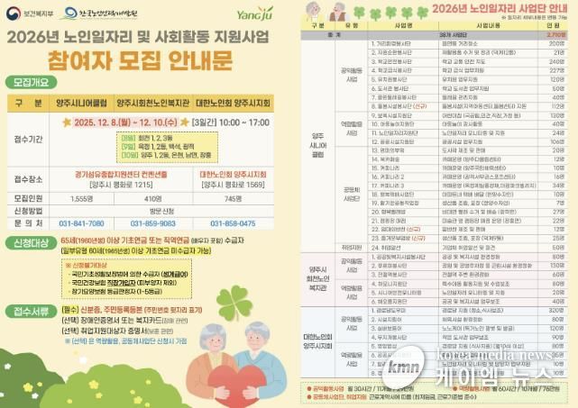 양주시, 2026년 노인일자리 및 사회활동 지원사업 참여자 2,710명 모집