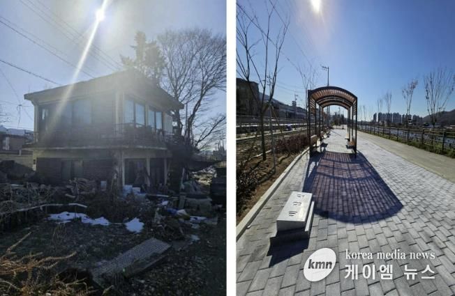 노후한 시설(사진 왼쪽)을 철거하고 새롭게 시민을 위한 수변공간(사진 오른쪽)으로 재탄생한 세심정 주변의 모습.