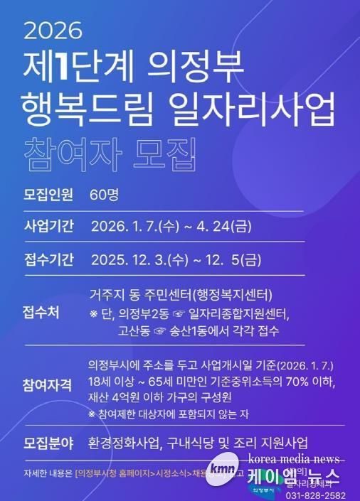 의정부시, 2026년 제1단계 의정부 행복드림 일자리사업 참여자 모집