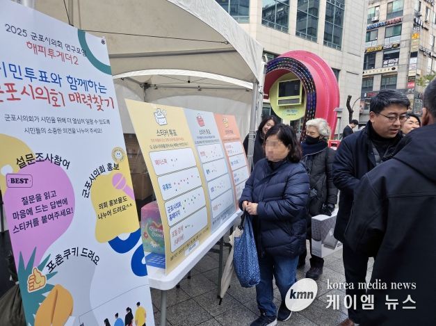 군포시의회 의원연구단체 ‘해피투게더 2’는 27일 오후 12시부터 1시 30분까지 산본로데오거리 원형광장에서 시민들을 상대로 의회에 대한 인식 등을 묻는 설문을 진행했다.