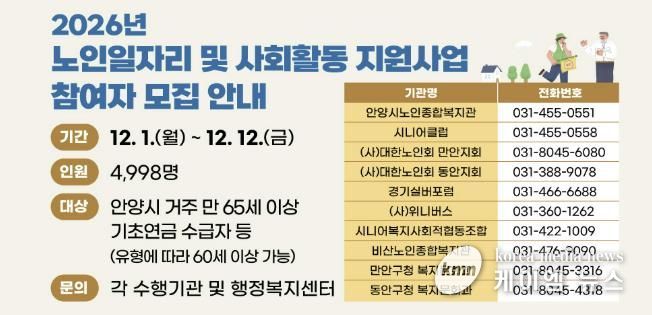 안양시, 2026 노인일자리 참여자 ‘4,998명’ 모집…12일까지 신청