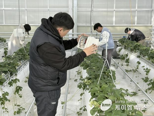 준공된 스마트팜 실습장에서 국립공주대학교 스마트팜공학과 학생들이 실습을 하는 모습