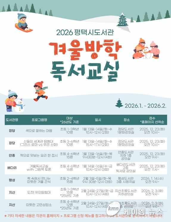 2026년 평택시 도서관 ‘겨울방학 독서교실’ 운영