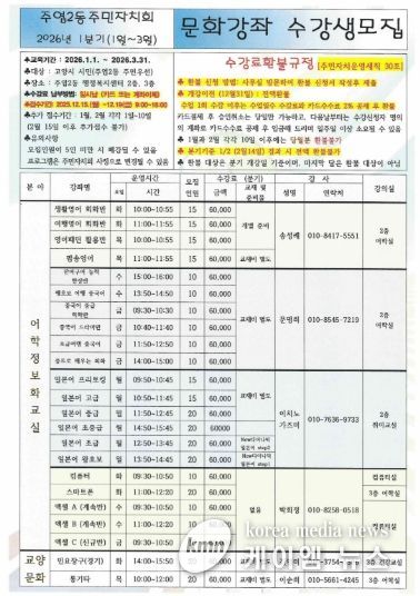 고양시 주엽2동, 2026년 1분기 문화강좌 접수 시작