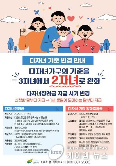 여주시 2026년부터 다자녀 기준 완화로 다자녀장려금, 다자녀 가정 입학축하금 대상자 확대