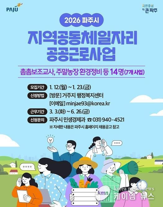 파주시, 상반기 지역공동체 일자리 및 공공근로사업 14명 모집