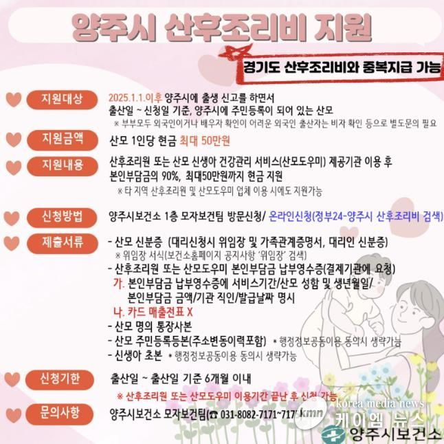 양주시, 출산가정 산후조리비 최대 50만 원 지원