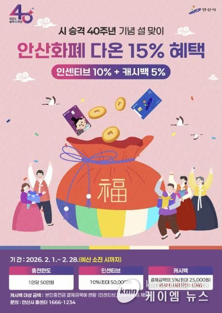 시 승격 40주년 기념 안산화폐 다온 15% 혜택 안내 디지털 홍보자료.