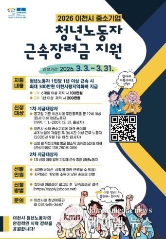이천시, 2026년 상반기 중소기업 청년노동자 근속장려금 지원사업 참여자 모집