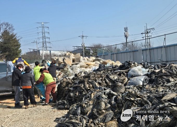 장안면 주민들이 수거된 폐비닐을 분류하며 집중수거 작업을 진행하고 있다