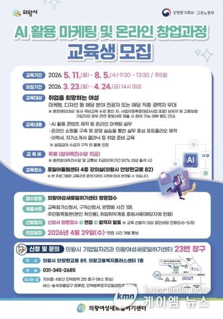 의왕여성새로일하기센터, 인공지능 활용 마케팅 및 온라인 창업과정 교육생 모집