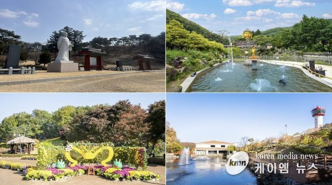 용인의 대표 관광지인 포은 정몽주 선생 묘, 와우정사, 용인자작나무숲, 용인농촌테마파크(시계방향)