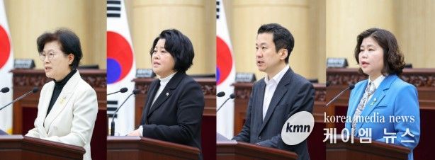 안산시의회가 8일 본회의장에서 제302회 임시회 제2차 본회의를 열고 시정질문과 5분 자유발언을 진행했다. 사진 왼쪽부터 이날 시정질문에 임한 박은경 의원과 5분 자유발언에 나선 김진숙 송바우나 박은정 의원의 모습.